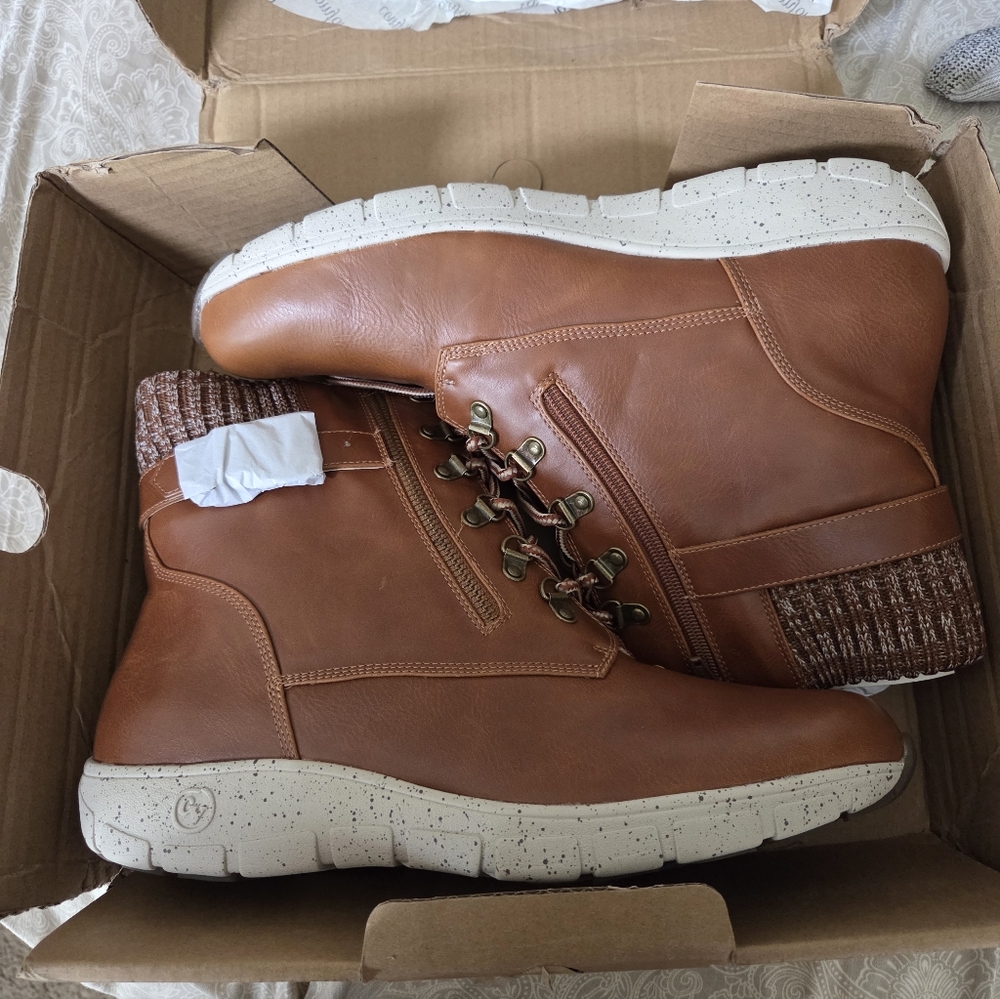 Women's Casual Tan Faux Leather Ankle Boots with Knit Collar- Size 12